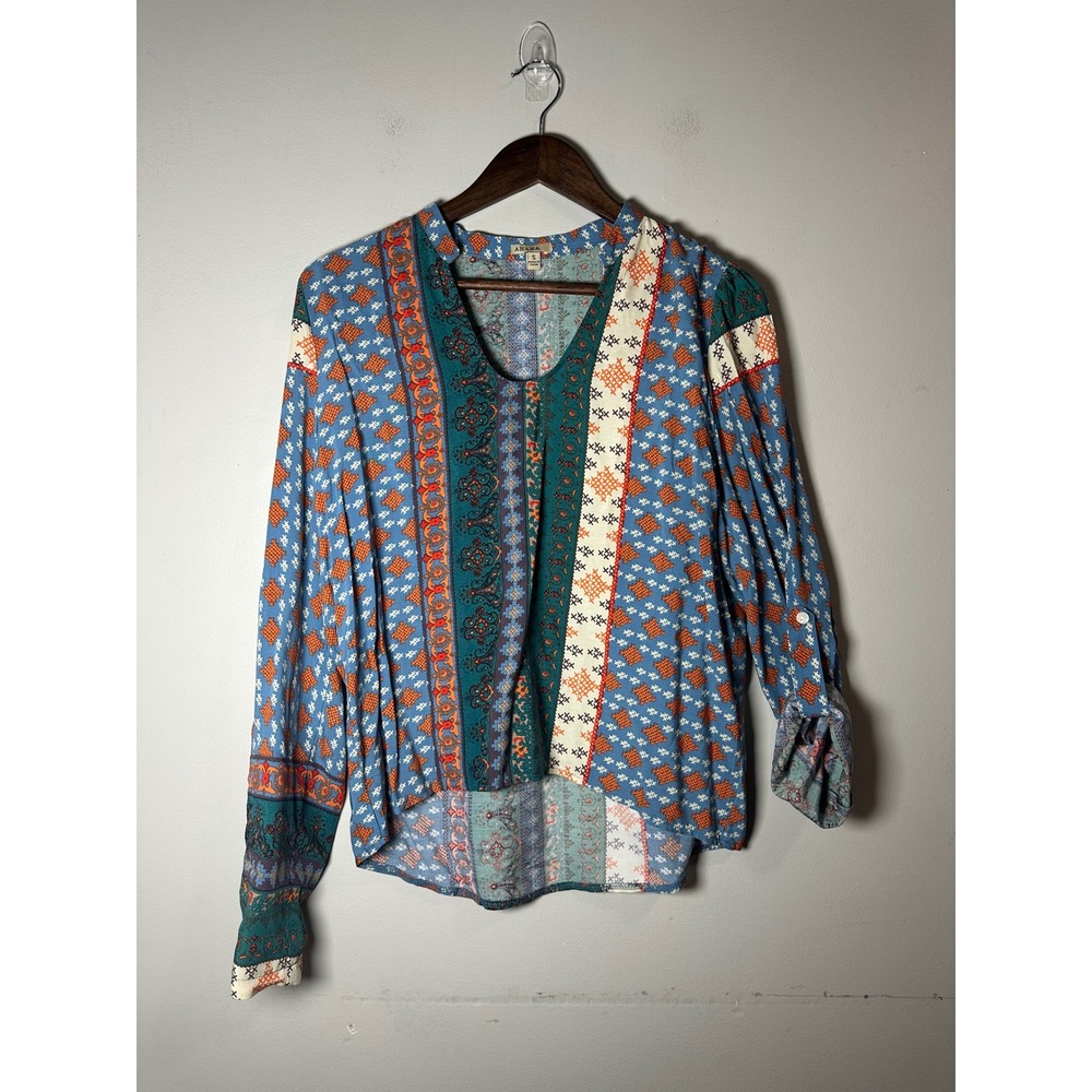 Anama Womens Small Boho Patchwork Print V-Neck Long Sleeve Blouse Blue
